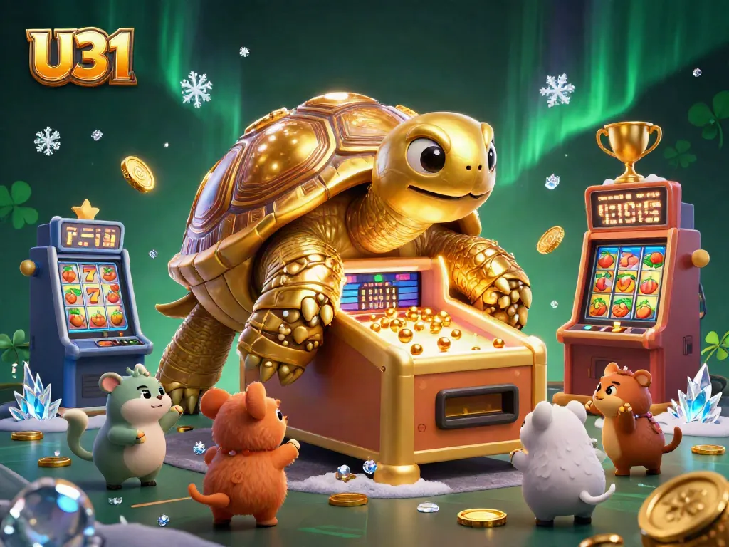 Experience the excitement of U31 with vibrant slots and a golden tortoise in an animated casino scene.