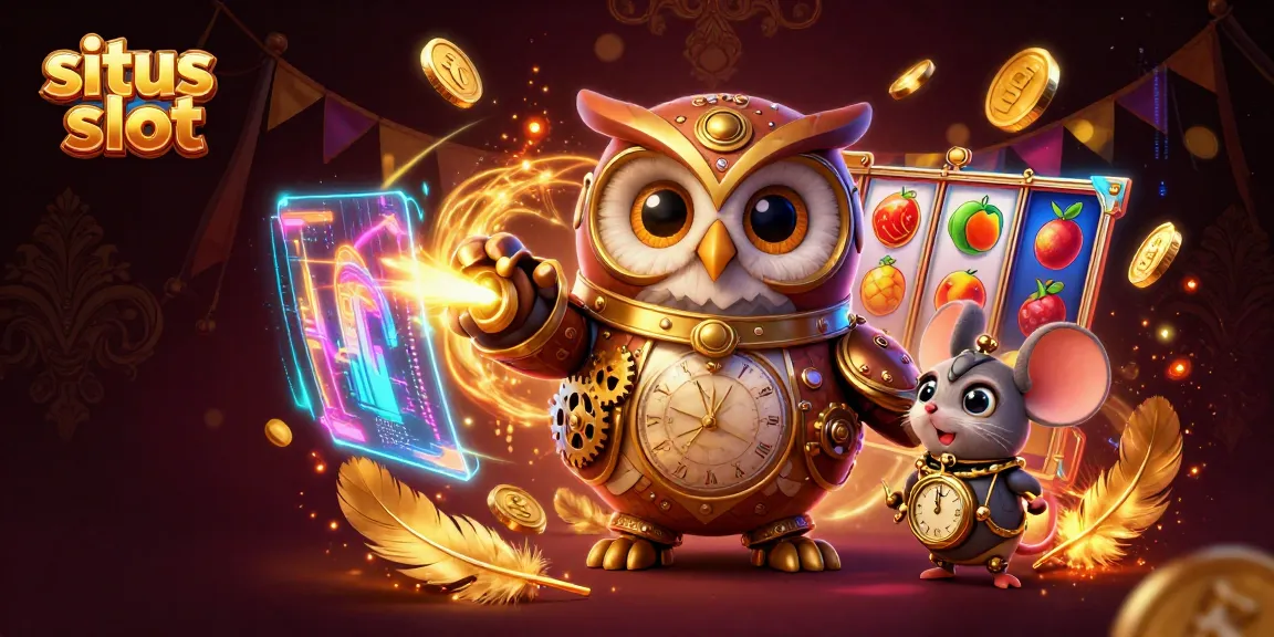 Experience situs slot excitement with cartoon characters and vibrant slot game visuals amidst flying coins and dynamic elements.