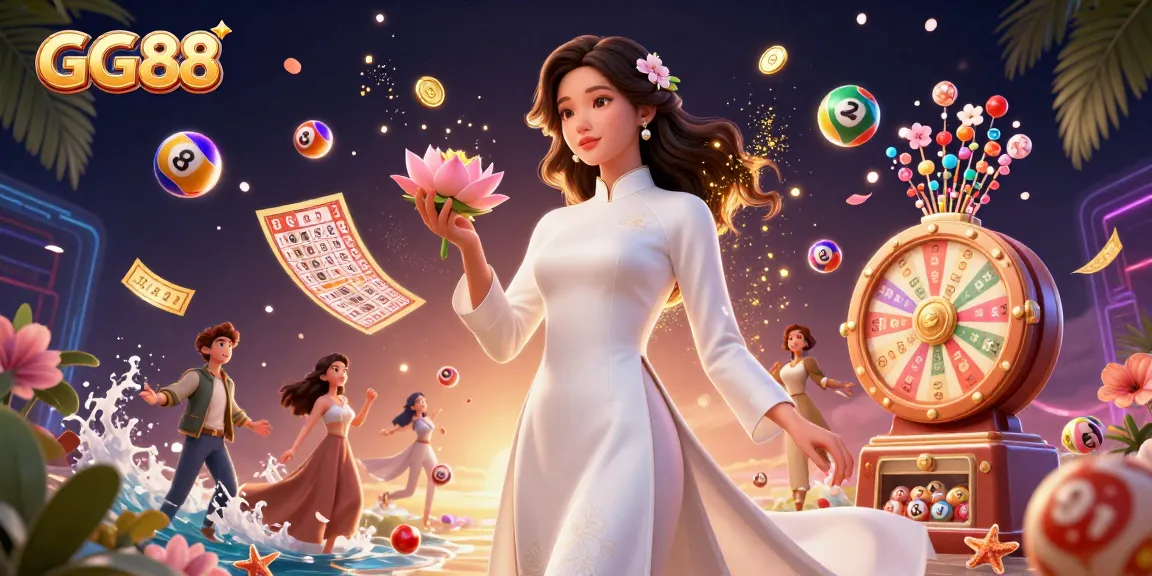 Experience GG88 with vibrant lottery balls, festive elements, and a serene embrace of rich colors.