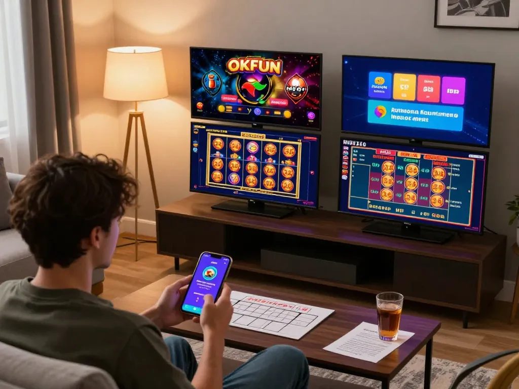 Engaging with the OKFUN app for online gaming while enjoying a cozy home atmosphere.