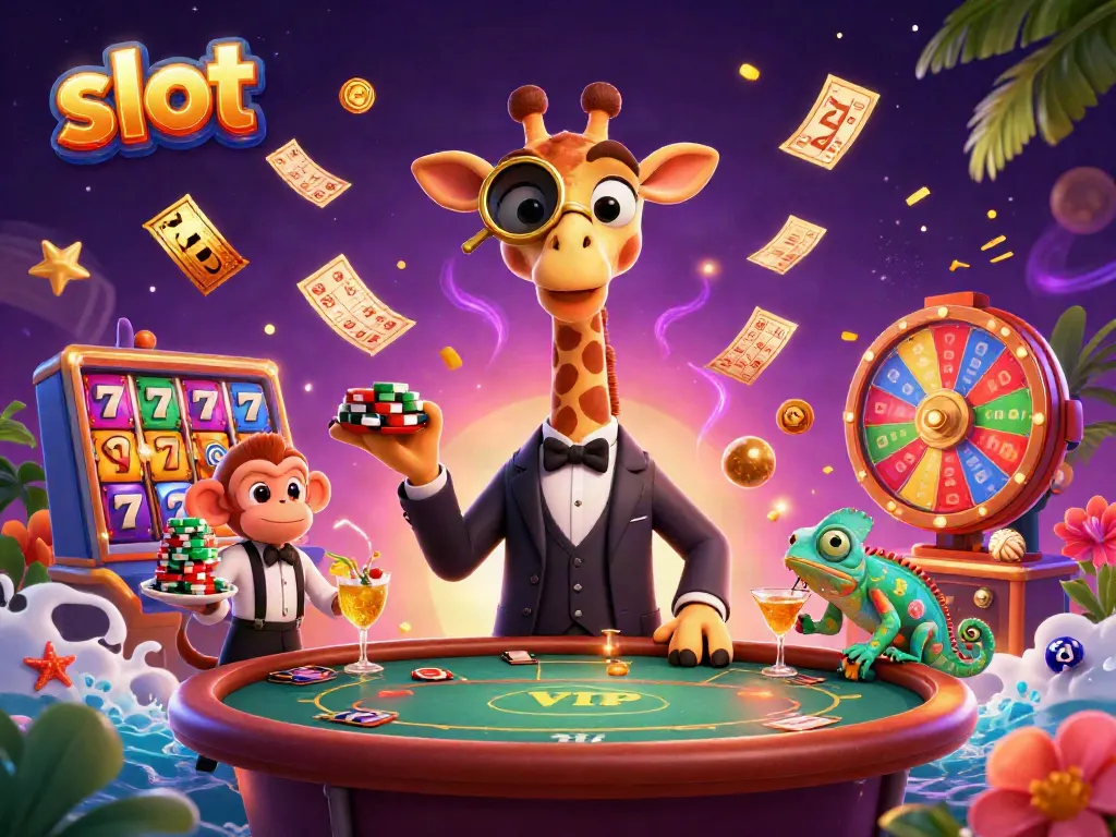 Engage with exciting slot action featuring a giraffe dealer, monkey valet, and vibrant casino elements.
