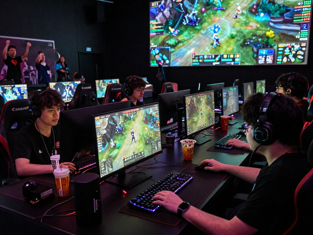 Competitive esports tournament showcasing FairPlay in an exciting gaming environment with players and vibrant graphics.