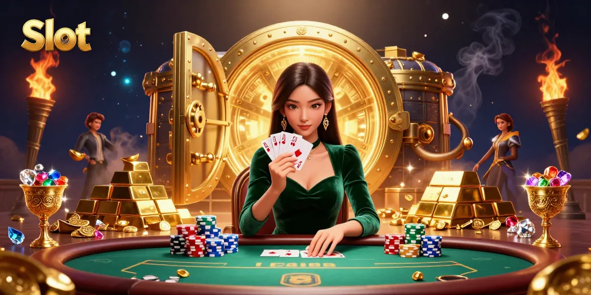 Experience the thrill of Slot gaming as a beautiful woman plays at a luxurious poker table with vibrant treasures.