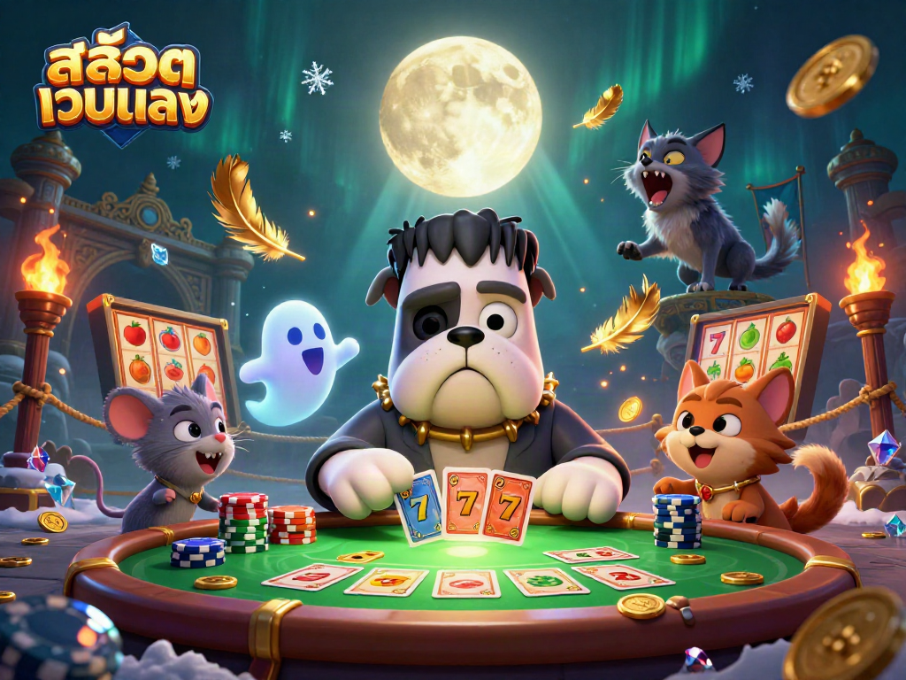 Engage with the dynamic scene of สล็อตเว็บตรง featuring a Frankenstein bulldog and a werewolf kitten at a spooky table with fruit symbols.