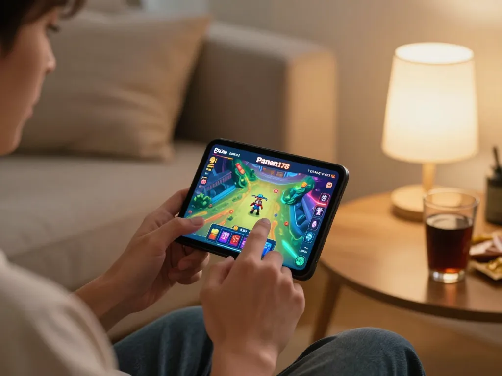 Berinteraksi dengan aplikasi Panen178 di smartphone dalam suasana rumah yang nyaman, menampilkan kegembiraan permainan mobile.