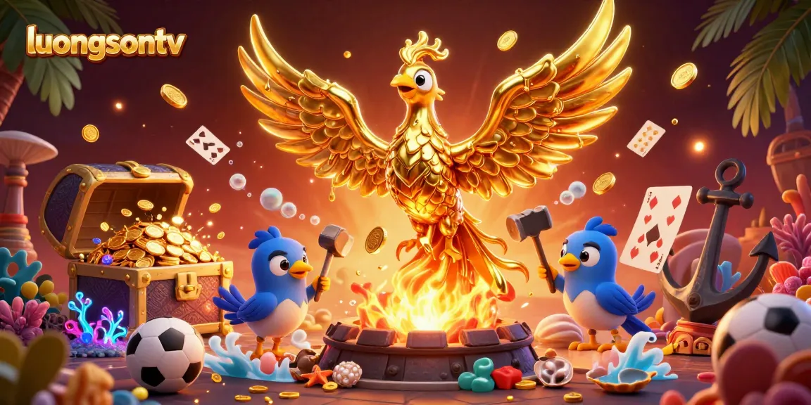 luongsontv showcases thrilling sports betting action with vibrant 3D illustrations and gold elements.