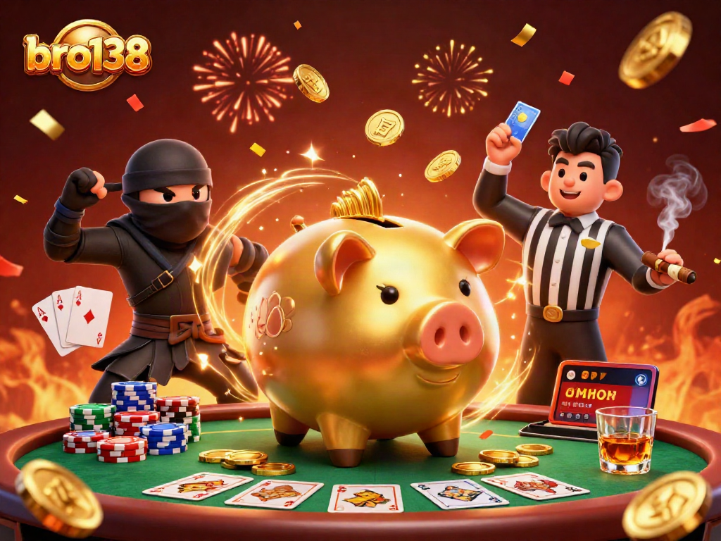 Engage in thrilling gambling at bro138 with a dynamic illustration of a golden piggy bank and samurai characters.
