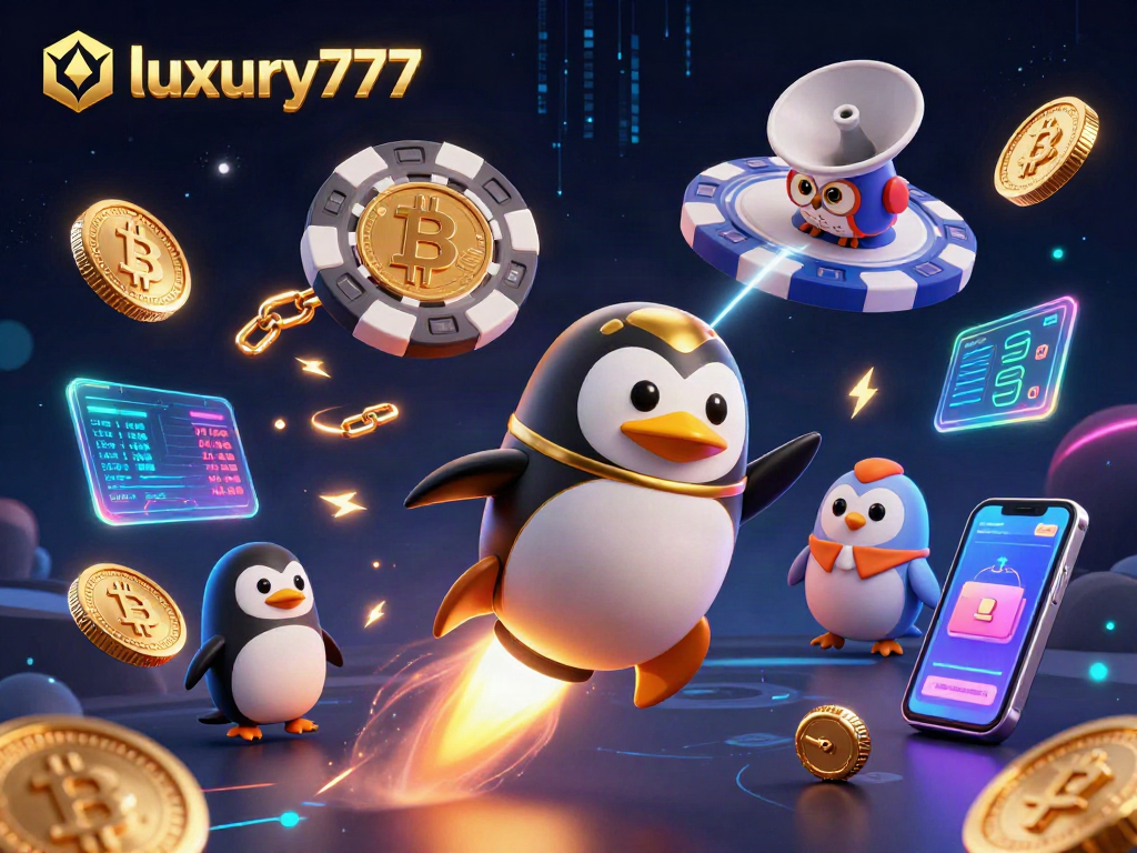 luxury777 merayakan kemenangan besar dengan penguin emas dalam representasi kasino futuristik
