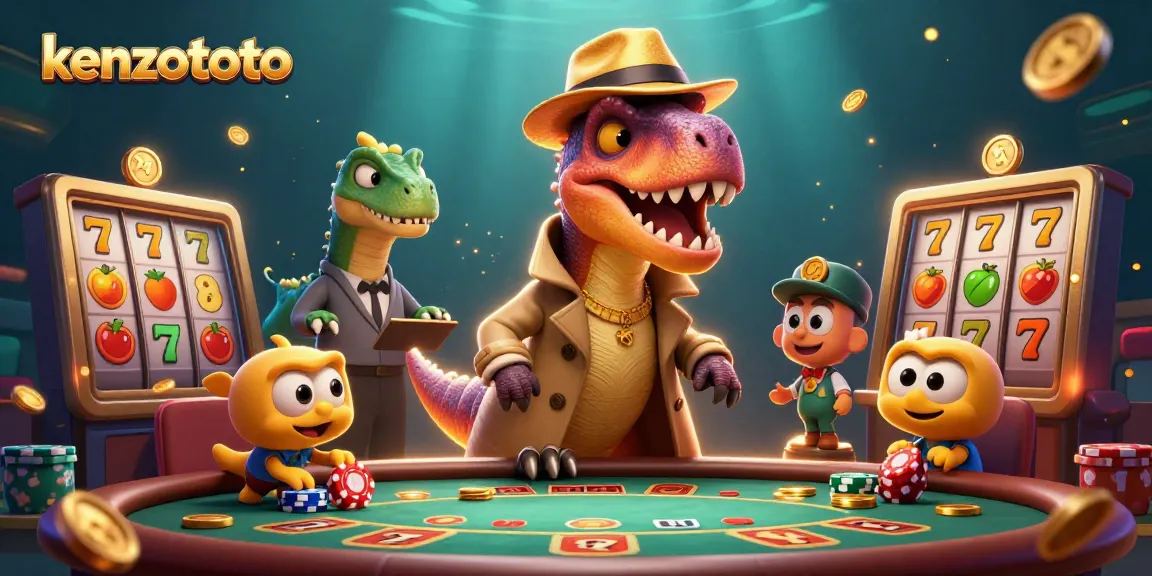 Kenzototo illustration featuring a velociraptor at a blackjack table surrounded by vibrant slot reels and animated gold coins.