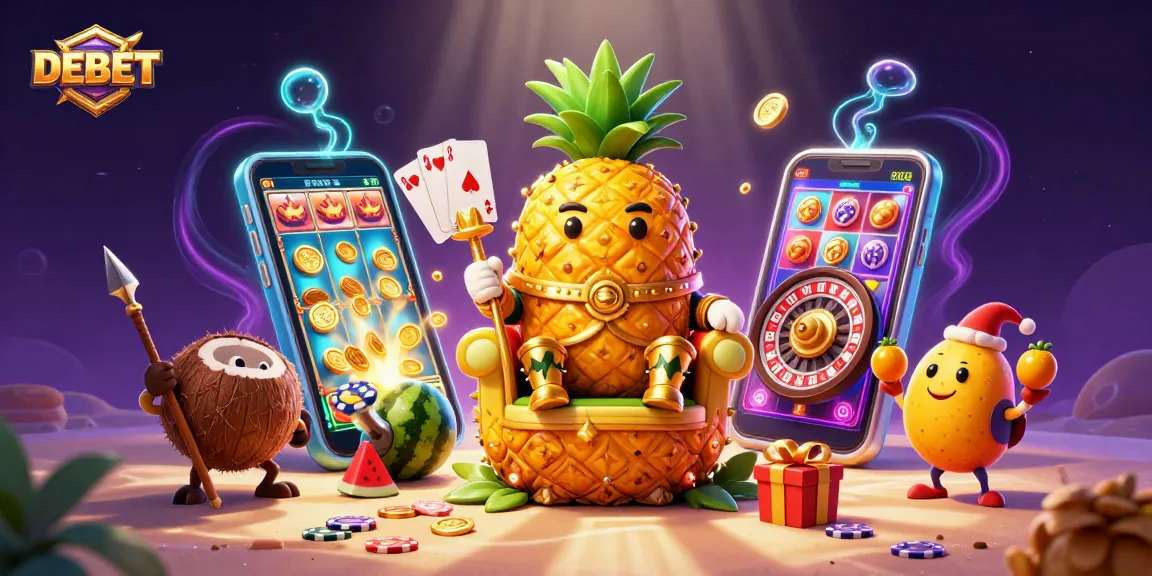 Engage with DEBET's vibrant 3D casino illustration featuring a golden pineapple king on a fruit throne.