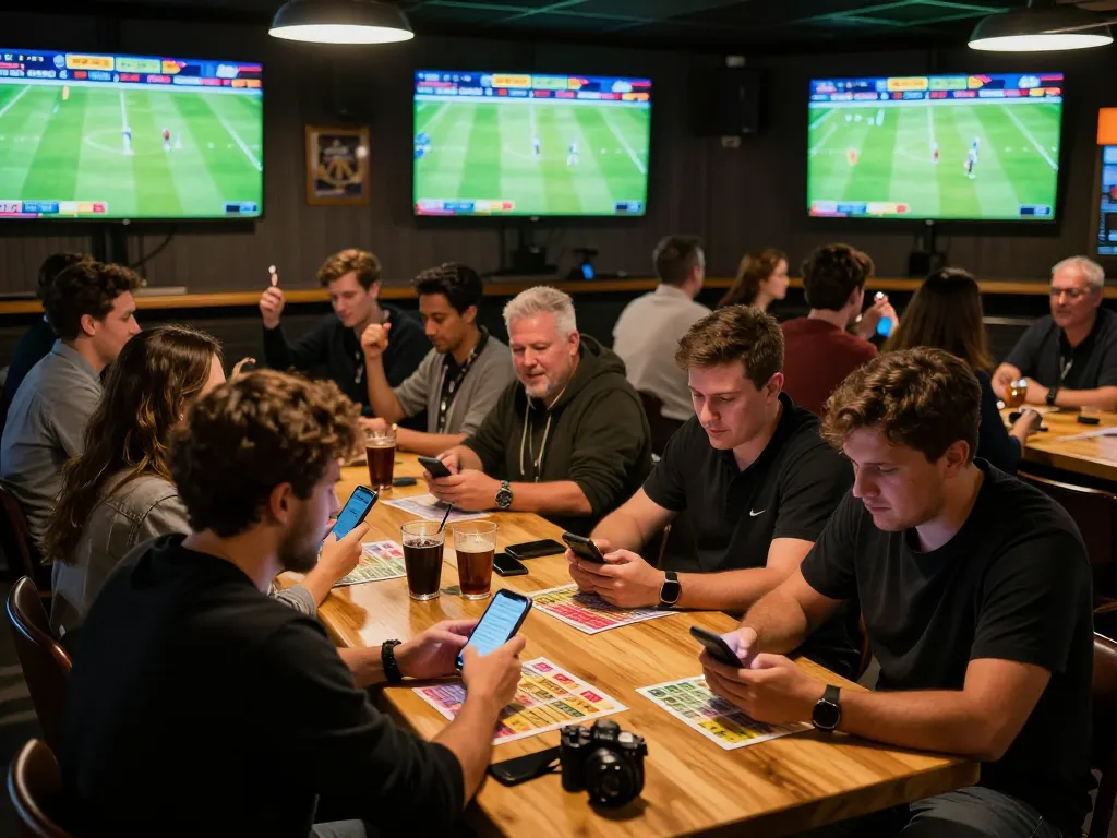 Tỷ Lệ Bóng Đá displayed on screens while excited patrons place bets in a vibrant sports bar.