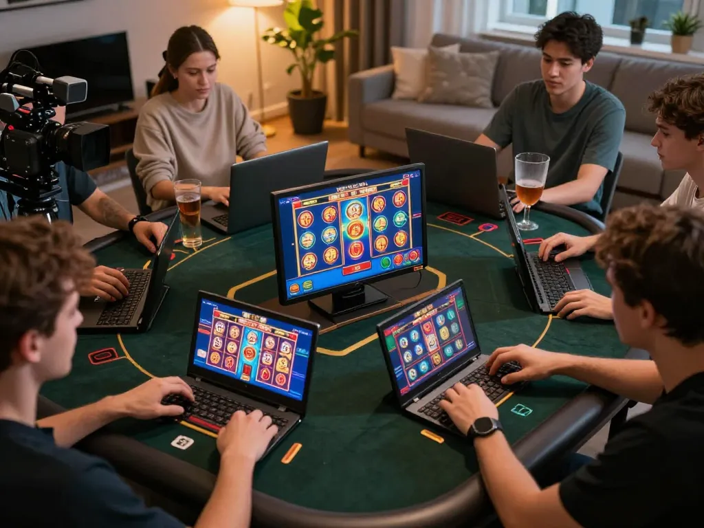 Players enjoying slots at Nk88 com in a cozy home setting, showcasing engaged online gambling.