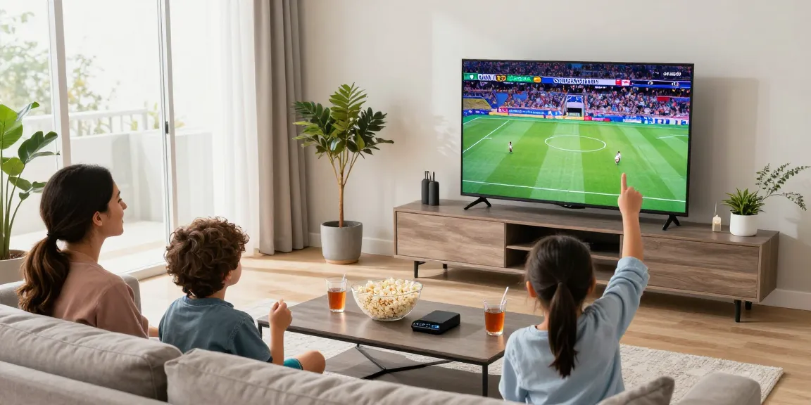 Watch Live TV in the USA with IPTV American in a cozy family living room.