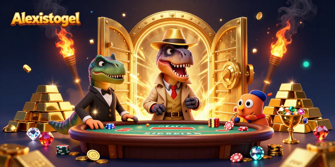 Alexistogel menunjukkan velociraptor menipu di meja blackjack dalam ilustrasi kasino yang meriah.