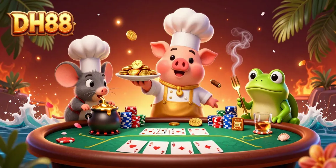 Experience thrilling moments at DH88 with a vibrant casino scene featuring gourmet gold coins and poker excitement.