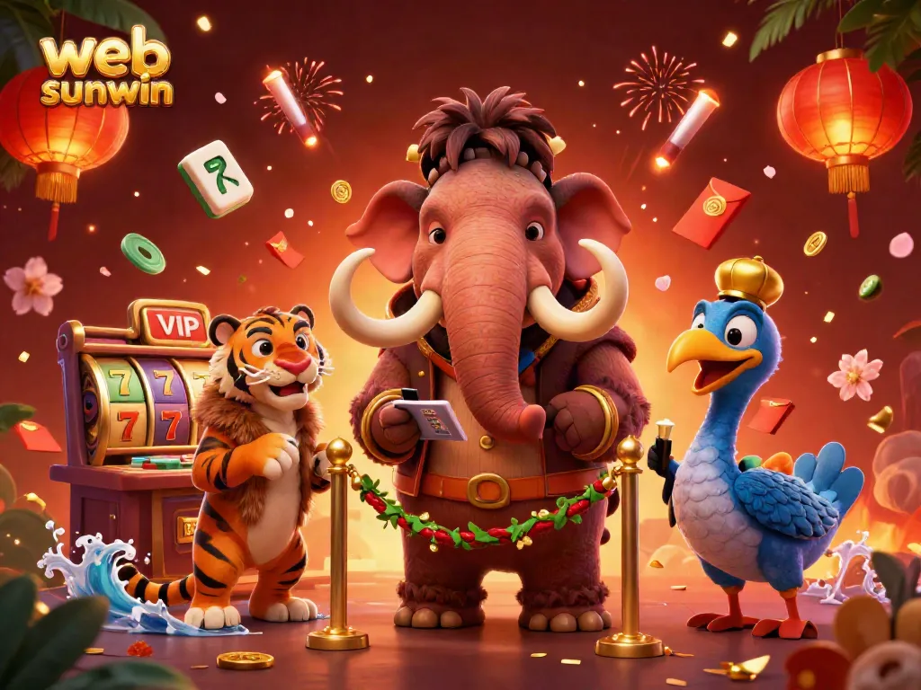 Experience vibrant action at web sunwin with a cartoon mammoth bouncer, saber-tooth tiger, and casino elements.