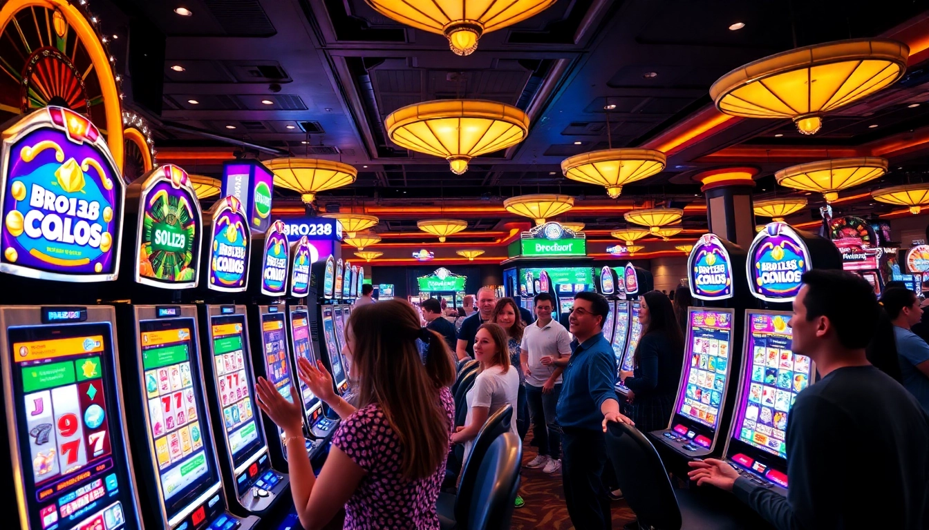 Gamblers enjoying exciting slot games at Bro138, showcasing vibrant machines and thrilling experiences.