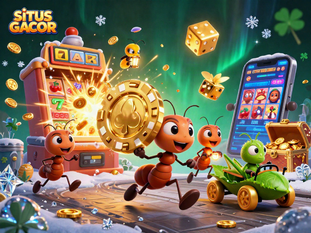SITUS GACOR showcases a heist scene with ants, a grasshopper, and colorful casino elements!
