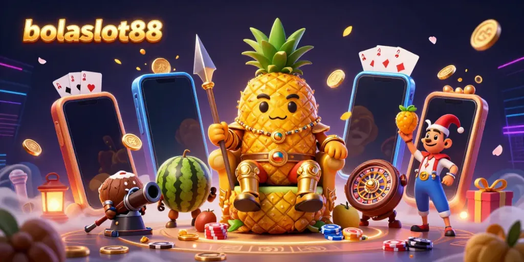 Bolaslot88's golden pineapple king reigns over a vibrant casino scene with slot games and treasures.