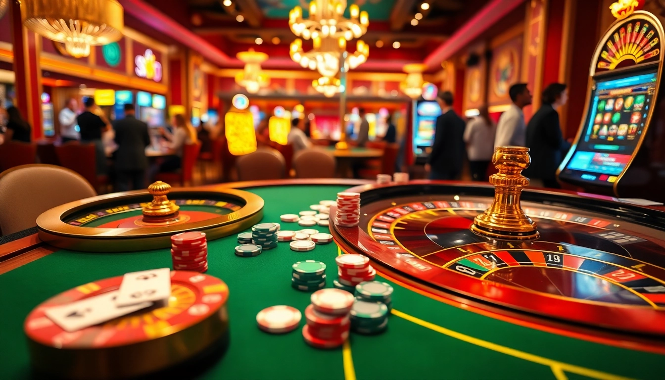 Experience the excitement of jbo-themed casino gaming with vibrant poker tables and roulette wheels.