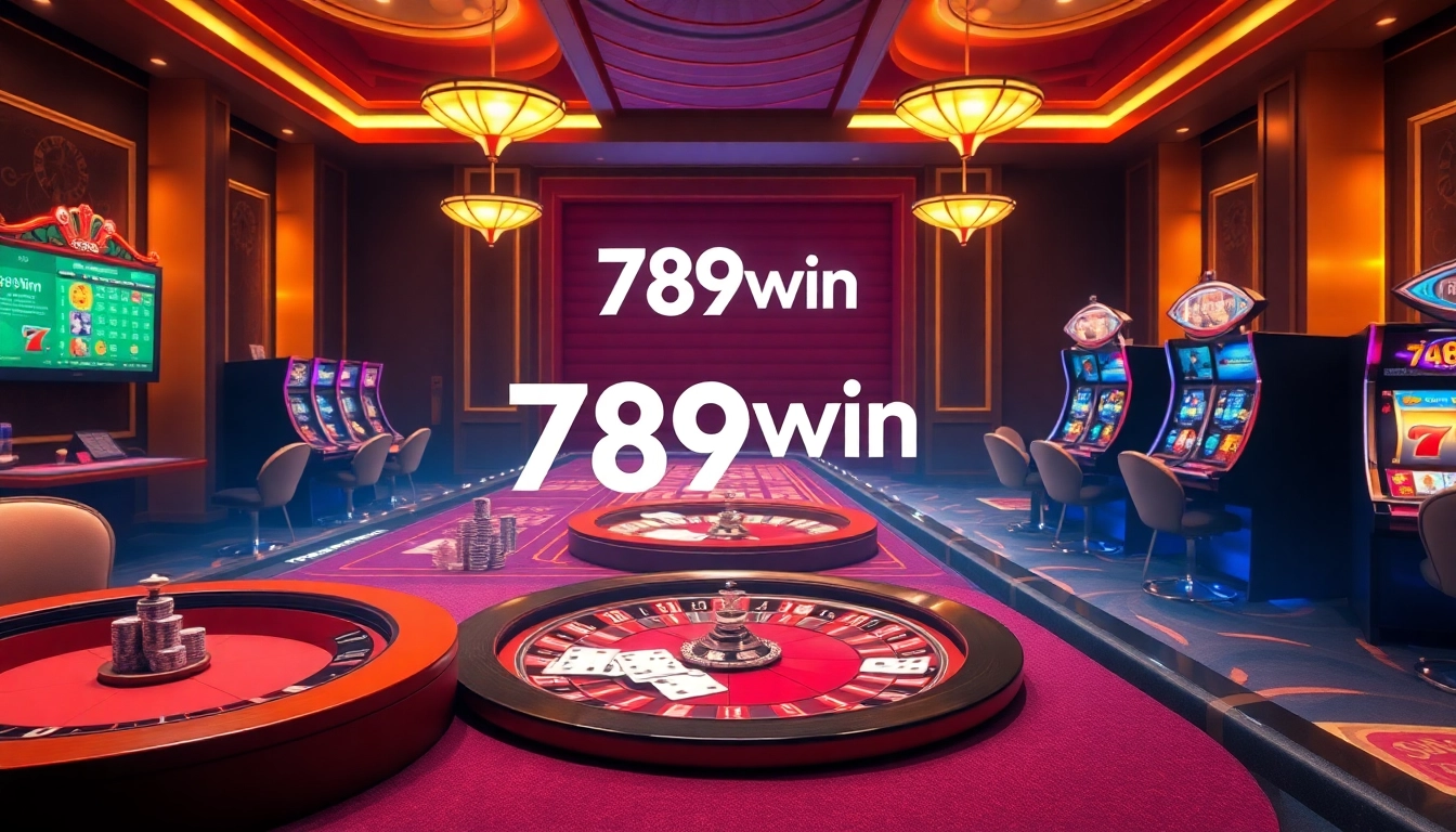 Engaging casino atmosphere at 789win with poker chips, roulette, and vibrant gaming tables.