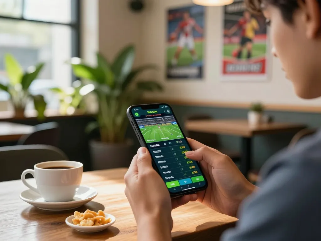 Engaging in sports betting on sunwin with smartphone at lively coffee shop.