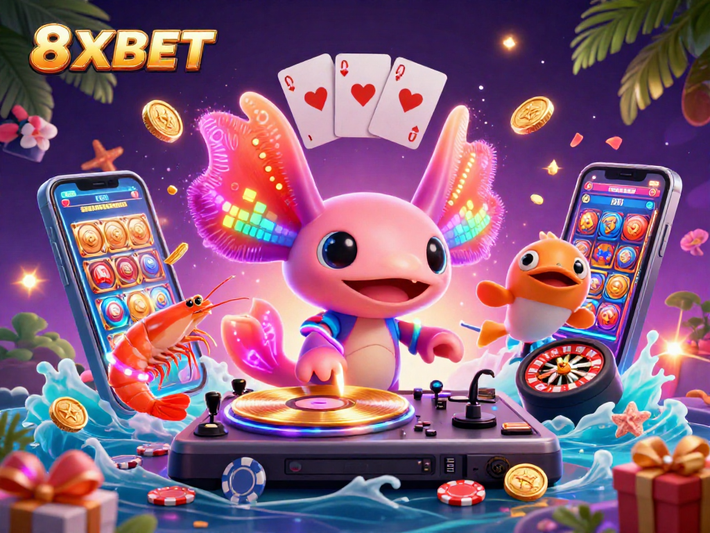 8XBET offers vibrant online casino action with neon axolotl DJ, dancing shrimp, and vivid game elements.