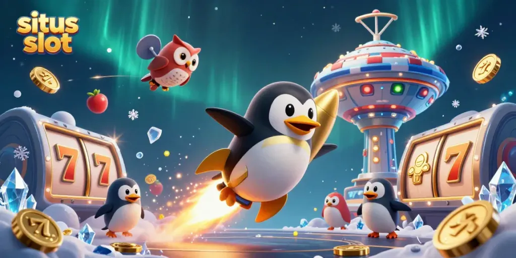 Gali situs slot dengan penguin emas meluncur dan mendatangkan koin hadiah berkilauan.