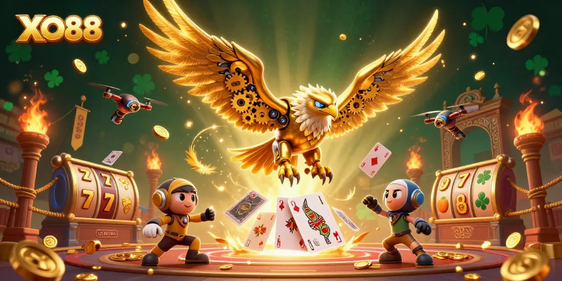 Engage with XO88's thrilling online slots featuring golden eagles and holographic cards in an exciting 3D scene.