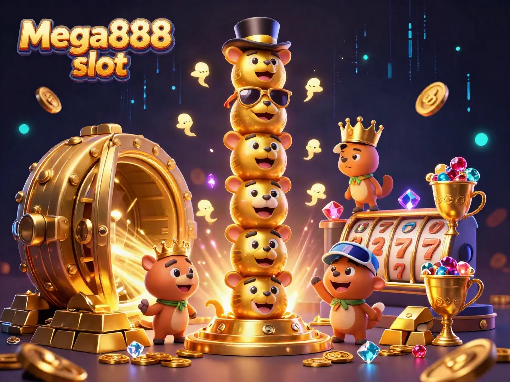 Win exciting rewards with mega888 slot, featuring vibrant casino elements and characters.