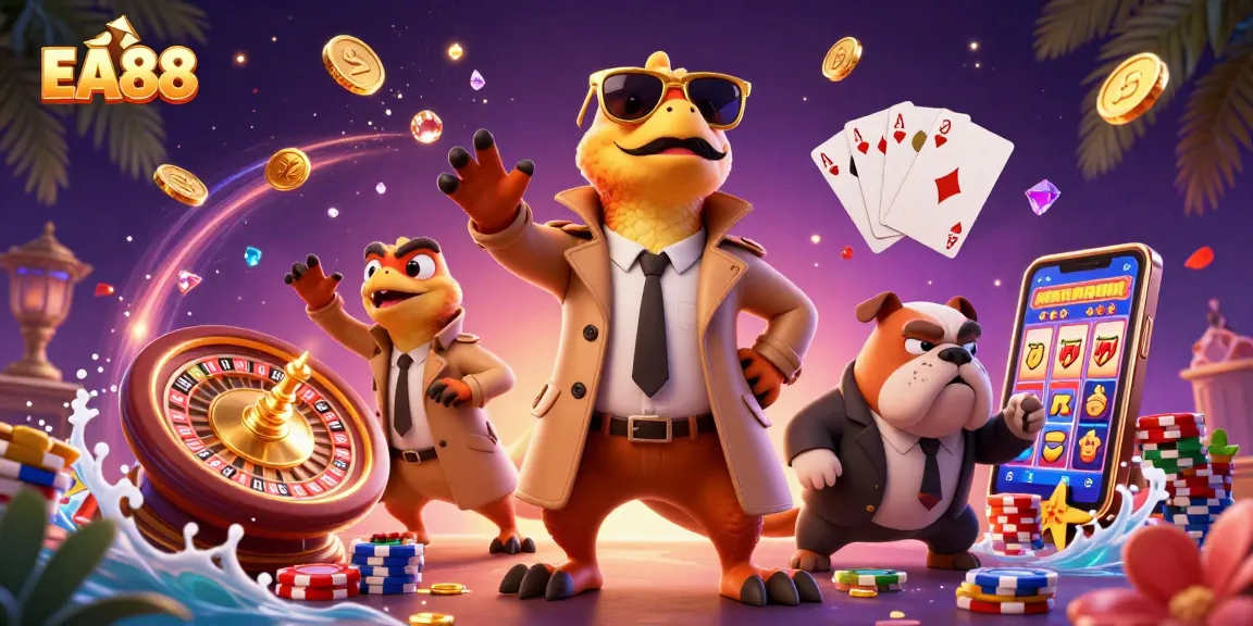 Win big at the EA88 casino as raptors sneak into a VIP lounge amidst dazzling gems and coins.