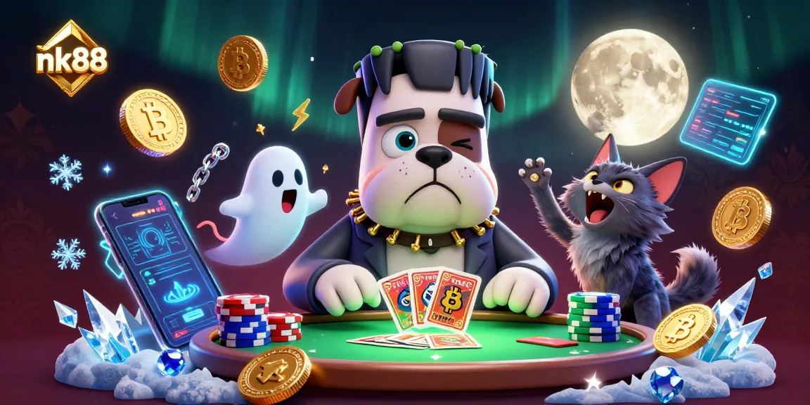 Engage in thrilling casino action at nk88 with a vibrant 3D illustration featuring fun characters and cryptocurrency elements.