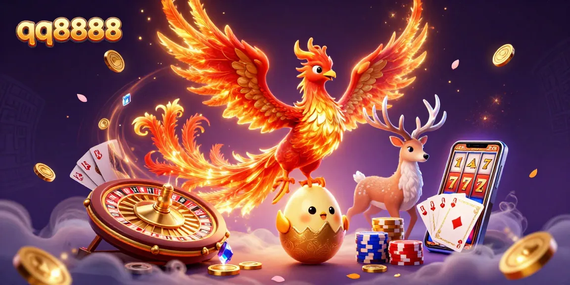 Experience thrilling gambling action with qq8888 in this vibrant 3D illustration of a phoenix and stag.