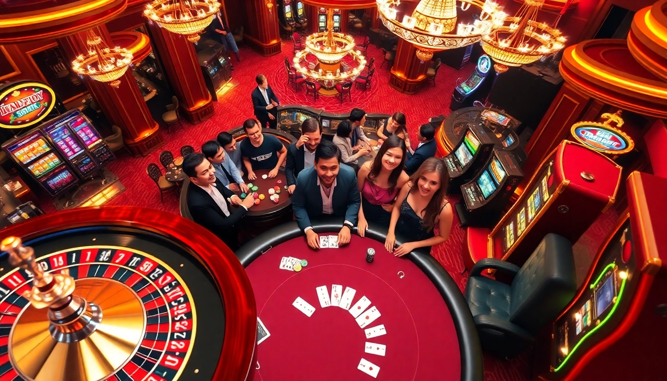 Players enjoying exciting games at rr88.com, surrounded by vibrant casino elements.