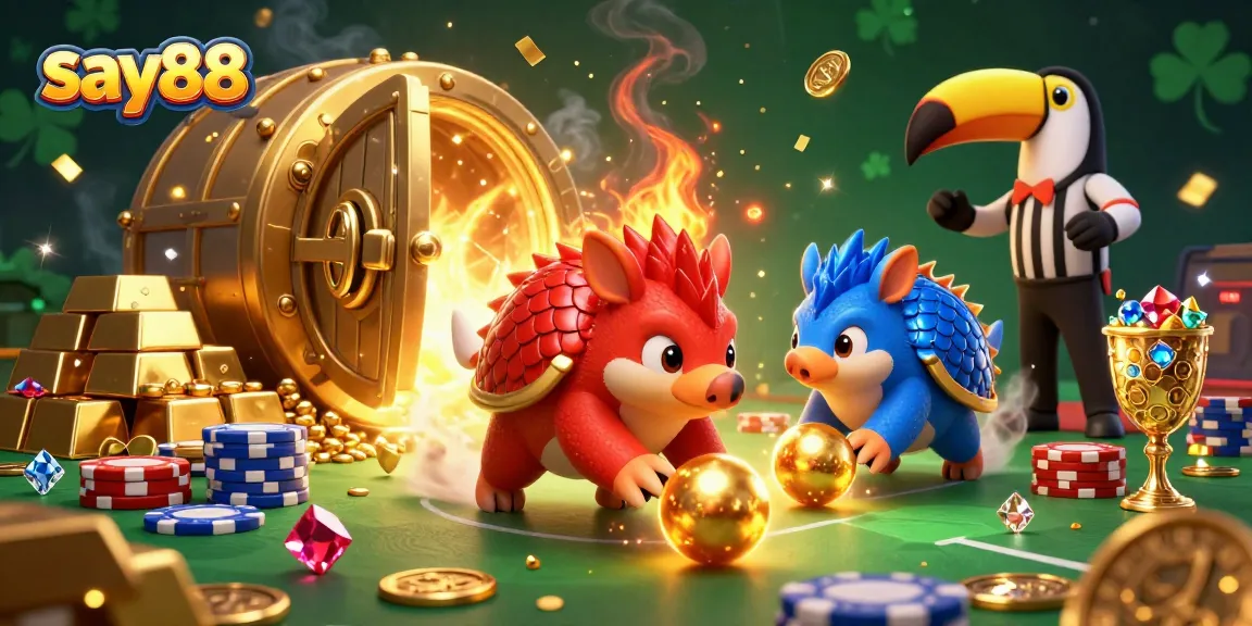 Engage in exhilarating casino action with say88 as rival pangolins roll into golden balls and navigate poker chips.