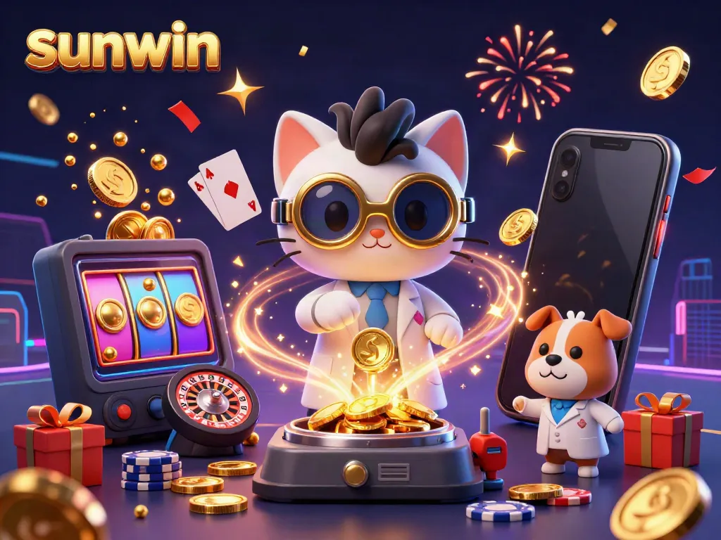 Experience exciting gaming with sunwin’s vibrant 3D casino scene featuring a mad scientist cat and lab assistant.