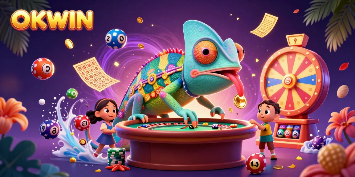 Engage with OKWIN the dynamic casino world, featuring chameleon owner and colorful game elements.