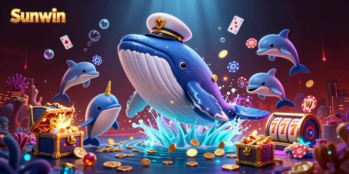 Sunwin showcases vibrant 3D casino action with a whale, narwhal, and dolphins amidst treasure and slot games.