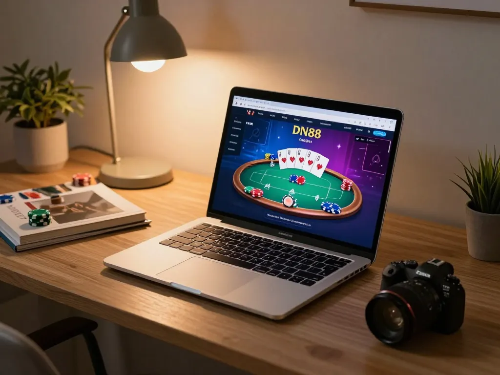 Engaging gaming scene showcasing DN88 online poker interface on a laptop, vibrant action with cards and chips