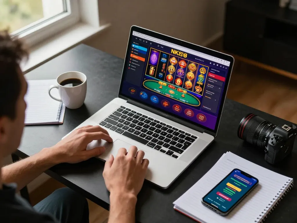 Engaging NK88 online gaming experience with player using laptop for casino games