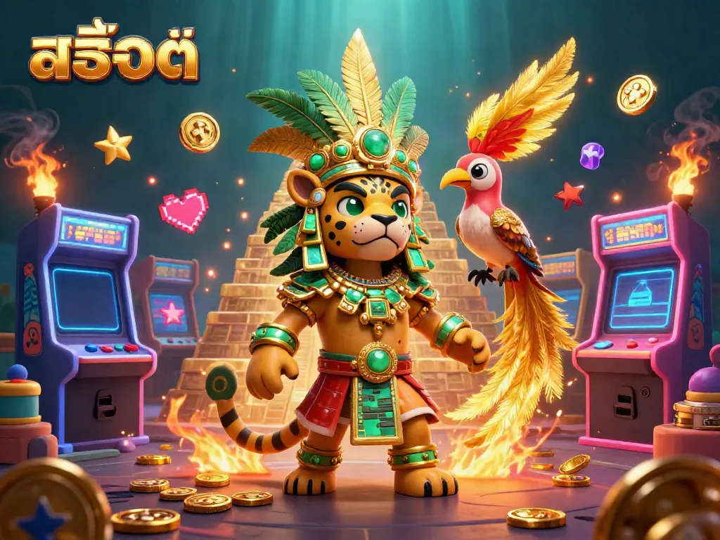 Engage in thrilling สล็อต gameplay with vibrant arcade machines and dynamic Mayan scene.
