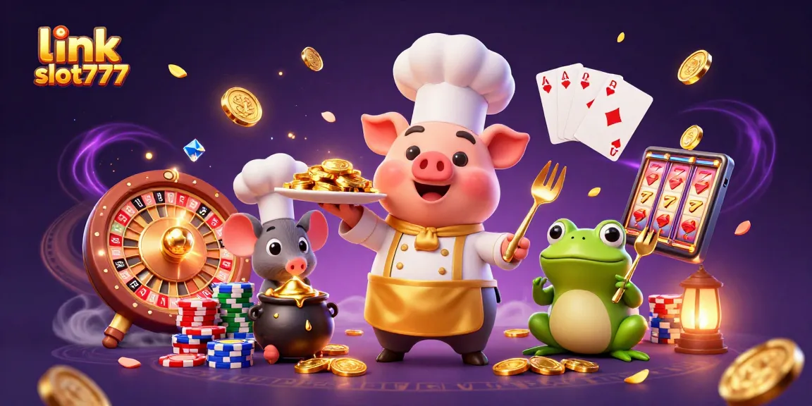 Spin to win with link slot777, featuring a 3D chef pig and golden coins in a vibrant casino scene.