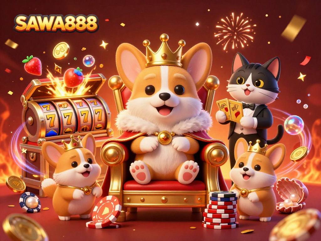 Experience the excitement at SAWA888 with a jubilant royal corgi surrounded by dynamic slot game elements.