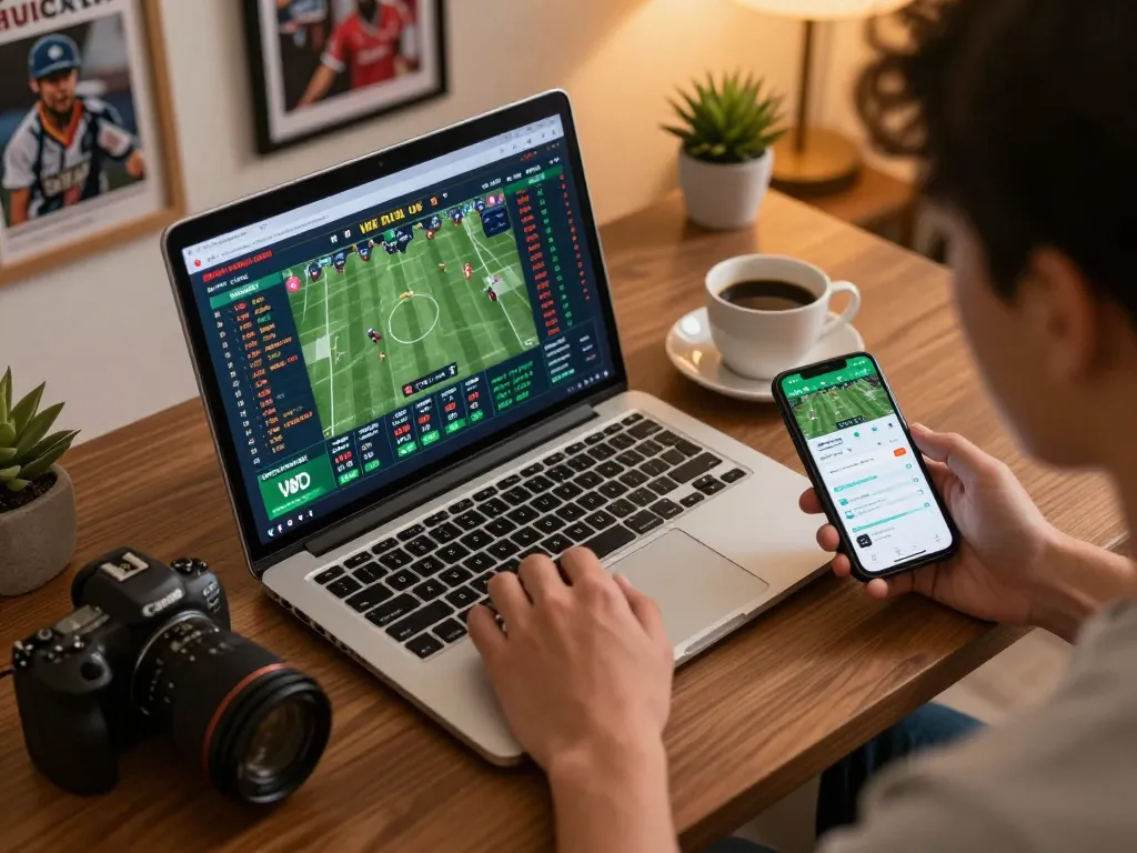 Engaging in sports betting on king33 with laptop displaying live odds and match analytics.