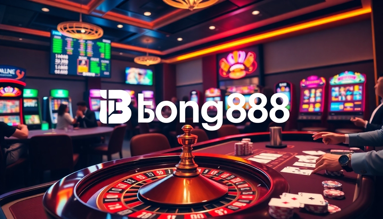 Bong88 logo featured in an elegant casino scene with high-stakes players and dynamic gambling action.