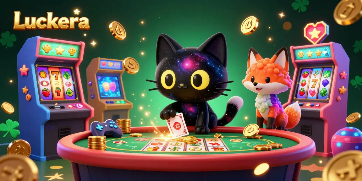 Luckera engages players at a vibrant casino table with cosmic elements, featuring colorful game icons.