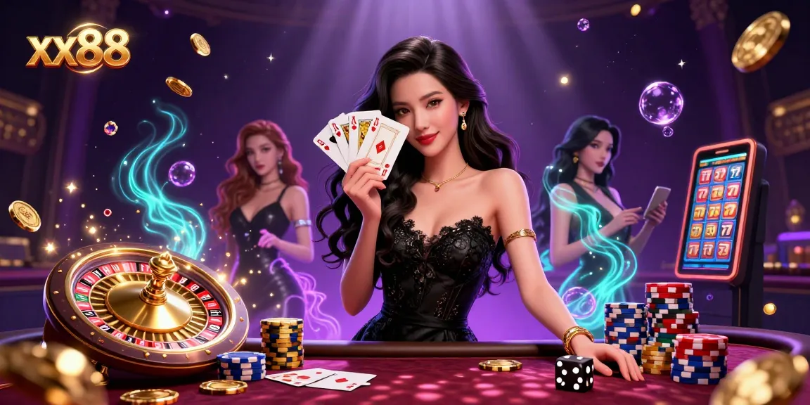 Experience the thrill of xx88 with a glamorous Asian woman holding ace cards amidst a vibrant casino scene.