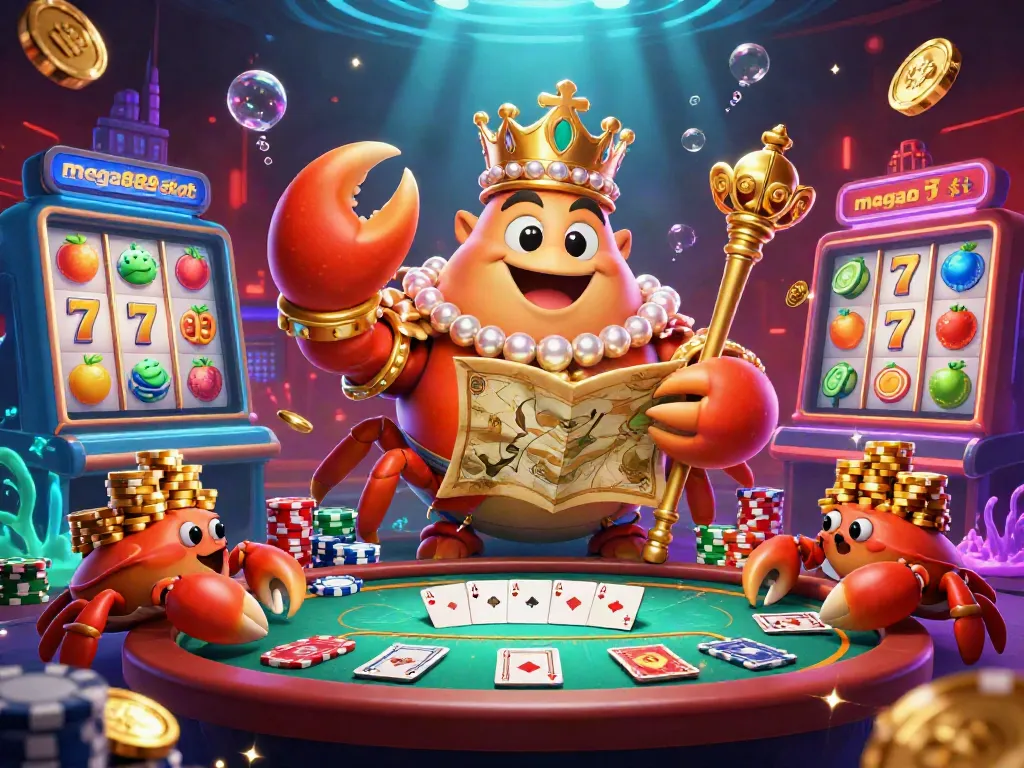 Engage in winning action with mega888 slot, featuring a golden crab emperor and vibrant casino elements.