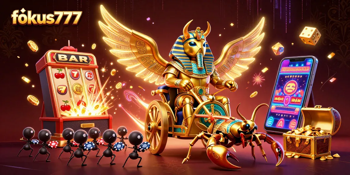 Experience the thrilling jackpots and excitement of fokus777 with vibrant casino elements surrounding a golden scarab scene.
