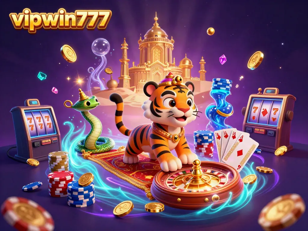 Engage with the vibrant scene of vipwin777 featuring a tiger sultan on a flying carpet amidst cascading casino elements.
